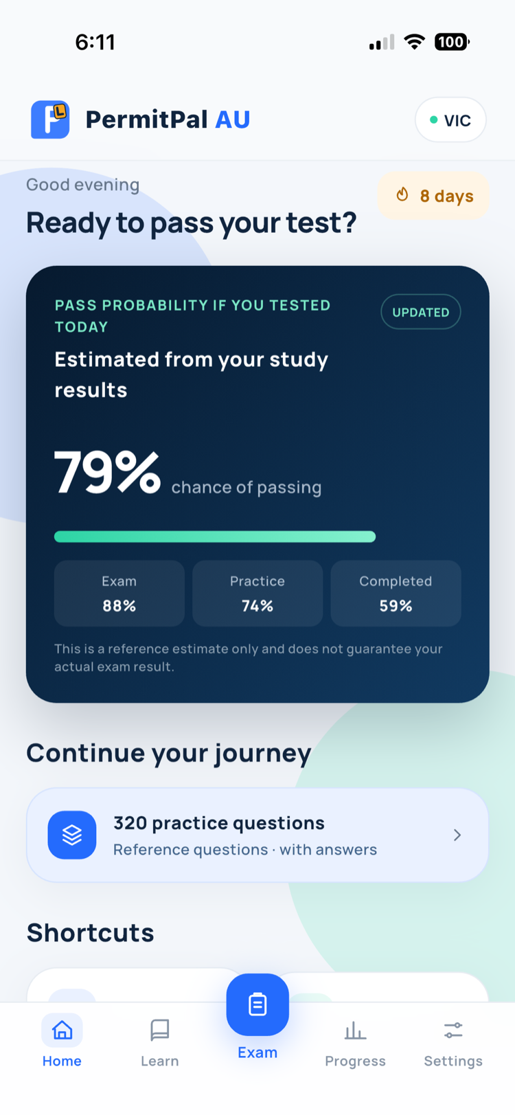 Home screen with estimated pass probability