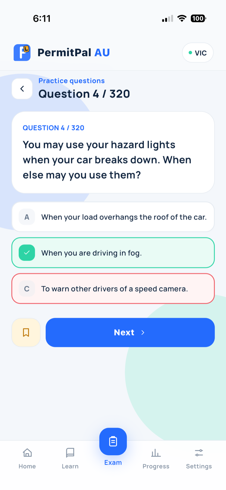 Practice question with answer feedback